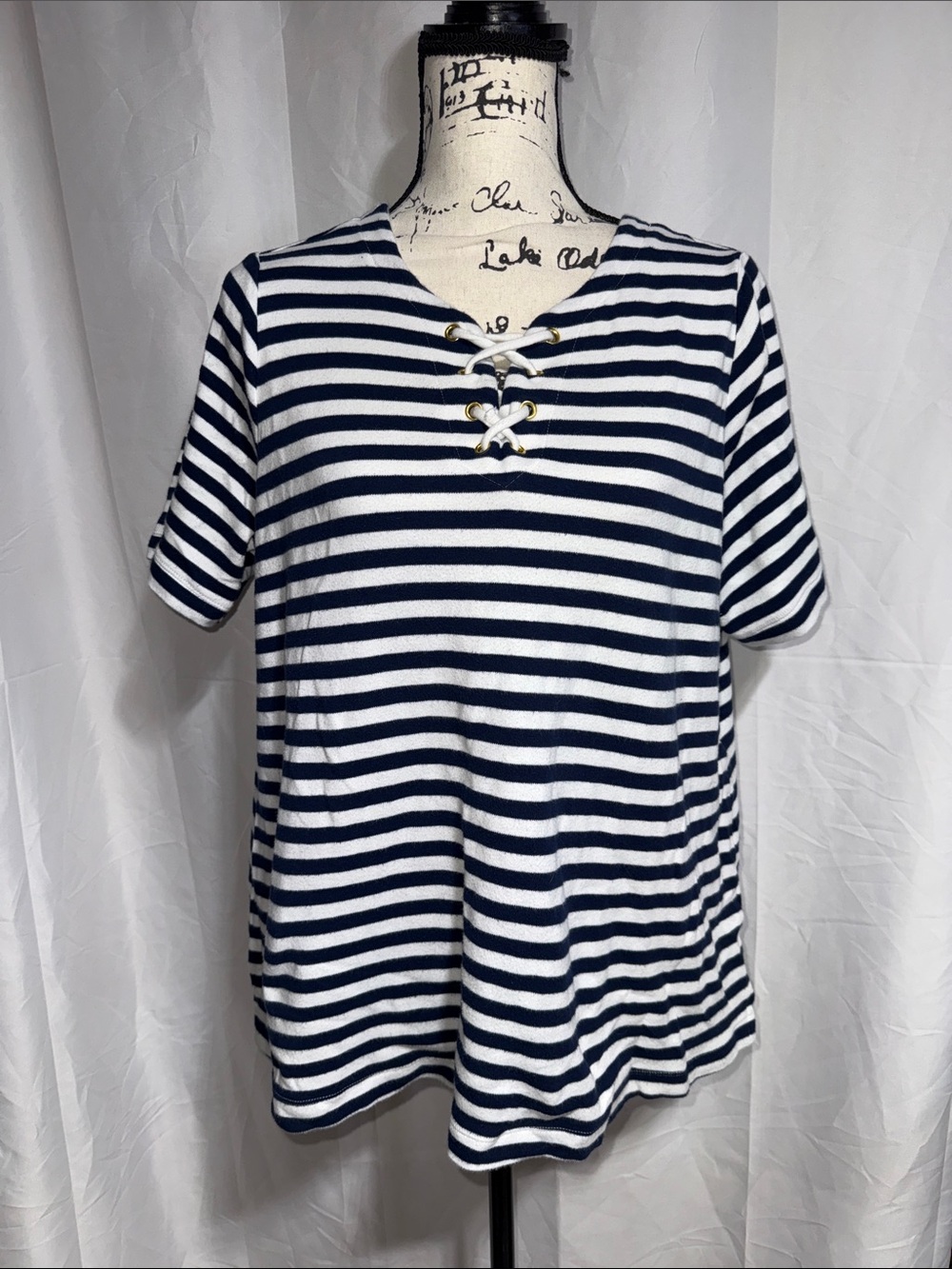 Croft & Barrow Navy and White Lace-Up Striped Short Sleeve Top